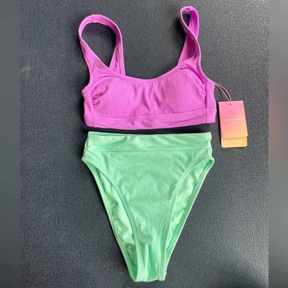 Stoney Clover Lane x Target Cutout Back Swim Bikini Top Purple Bottom Green XXS